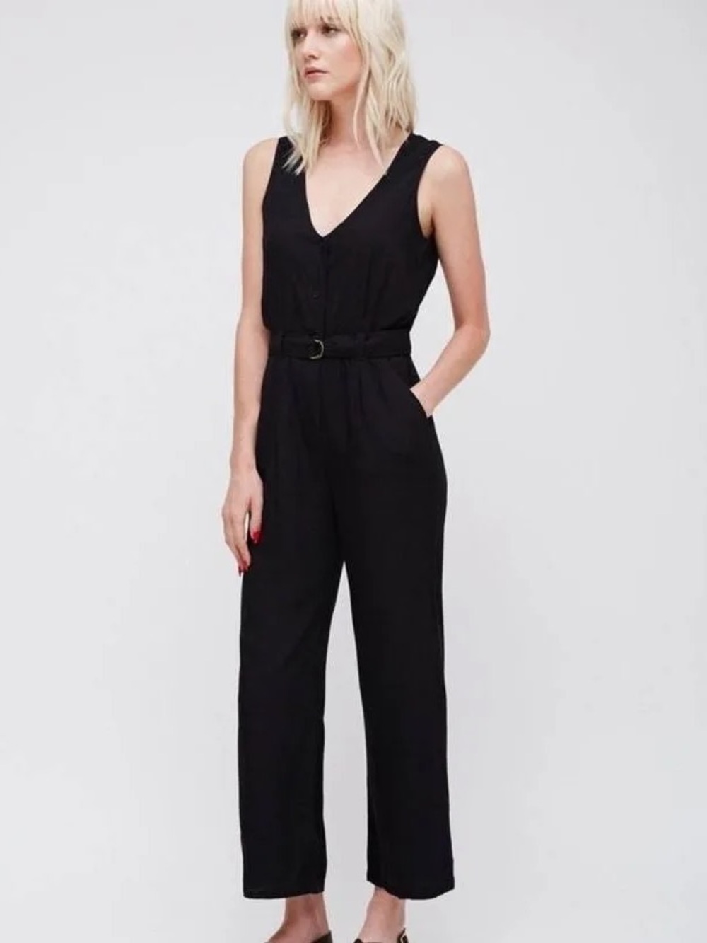 Obey Black Sleeveless V-Neck Belted Jumpsuit
